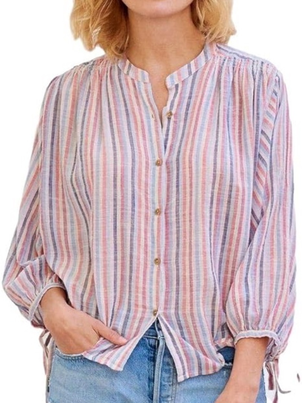 Sundry 100% Cotton Striped Pink Blue Button-Front Band Collar Blouse